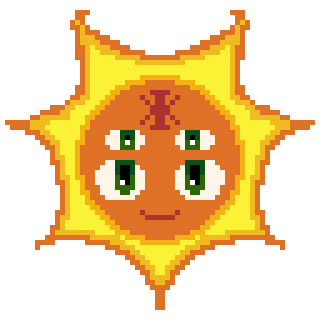 A cartoon sun with a face. It has four eyes and is smiling.